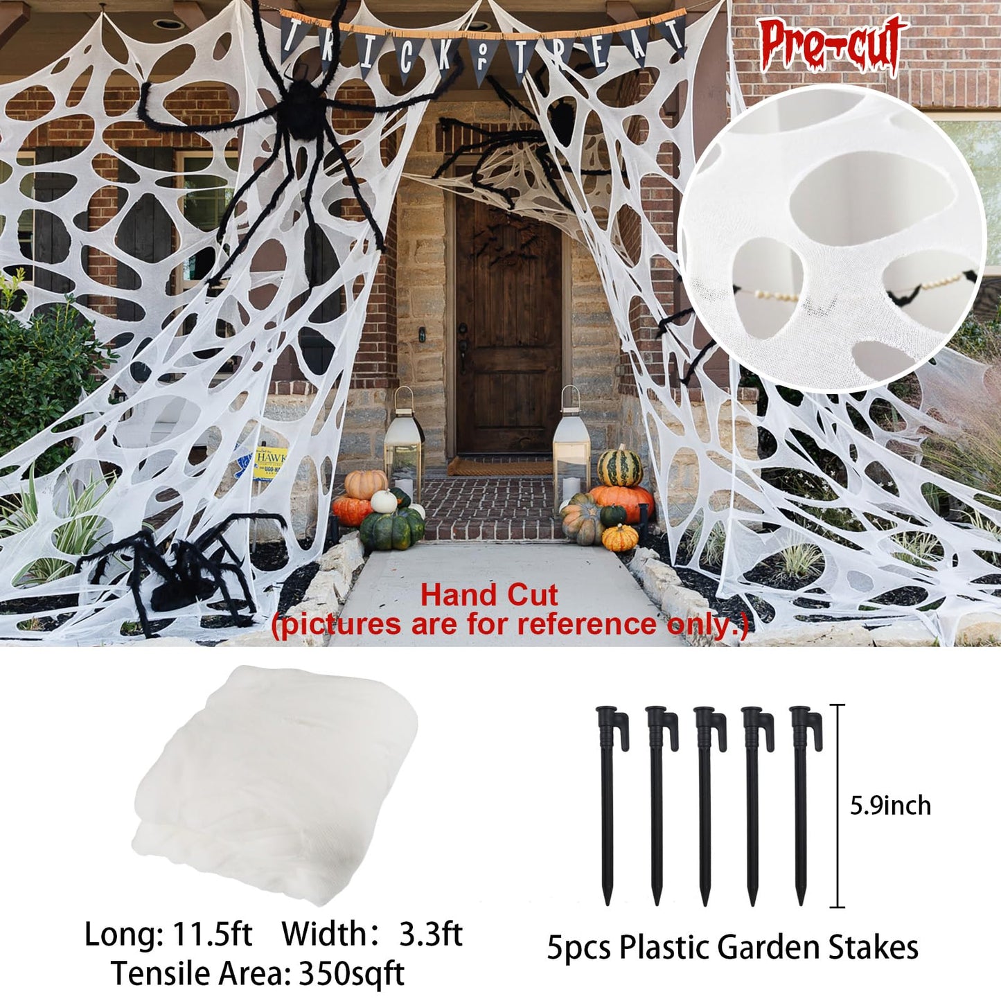 Runleo Giant Spider Webs Halloween Decorations Outdoor, Pre-Cut Super Stretchy Beef Netting DIY Spider Webbing with Stakes, Gauze Spiderwebs Cobwebs for Haunted House Yard Tree Party Indoor Decor
