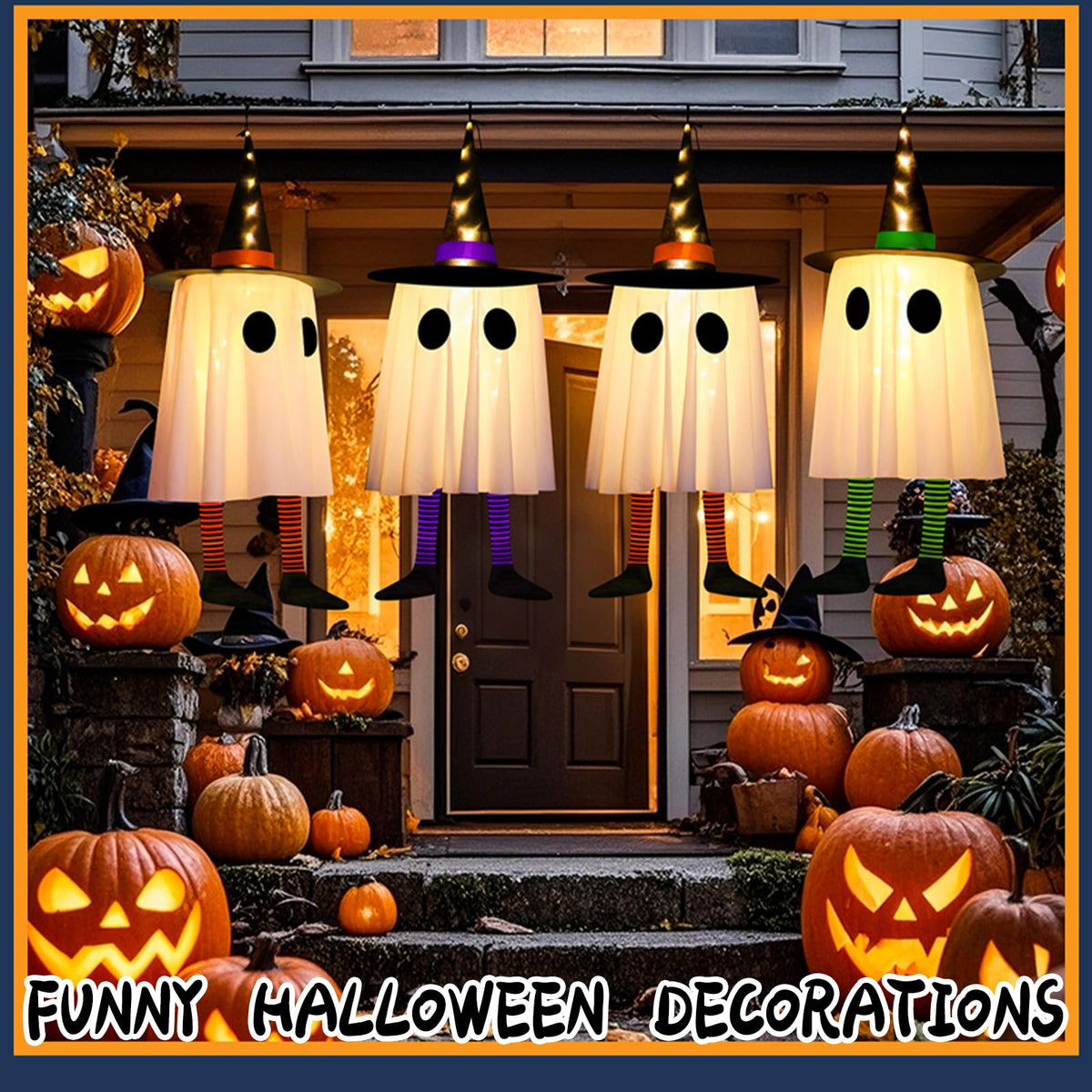 Set of 3 Halloween Hanging Ghosts, Halloween Decorations Outdoor Hanging Spooky Ghosts with Warm White LED Light, Glowing Ghost Witch Hat Lights Decor for Front Yard Lawn Garden Party Outdoor