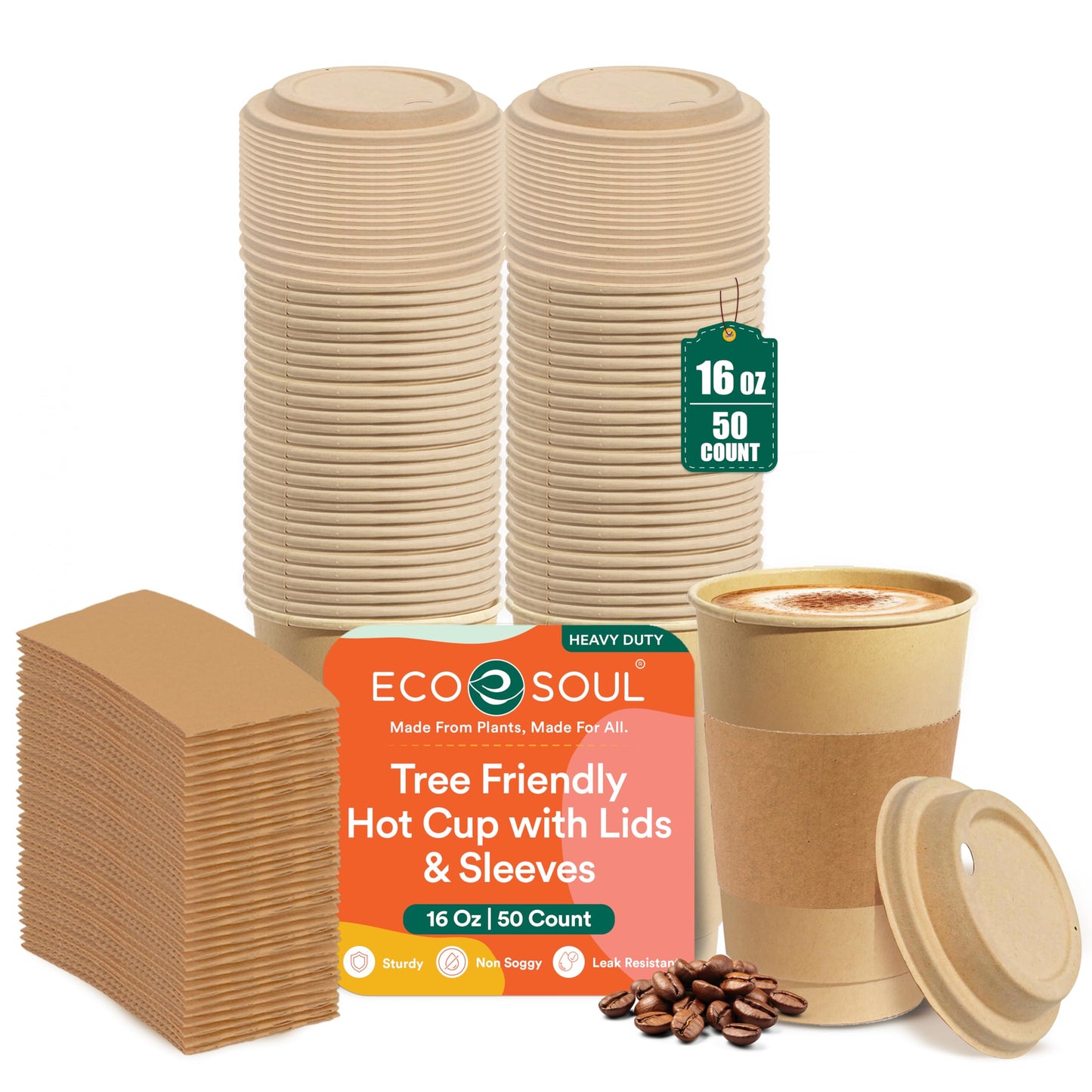 ECO SOUL 50 Pack 16 oz Disposable Coffee Cups with Lids & Sleeves Eco-Friendly, Biodegradable, Compostable, Leak-free & Sturdy To Go Hot Drink Cup for Tea, Chocolate Party Travel Cafe Office & Home