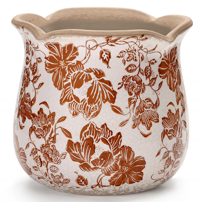 behen bahen Vintage Ceramic Planter Pot with Drainage Holes, Green Floral Design, 6.11 Inch, Distressed Tuscan Style, Indoor Plant Pot and Vase (Red Flower)