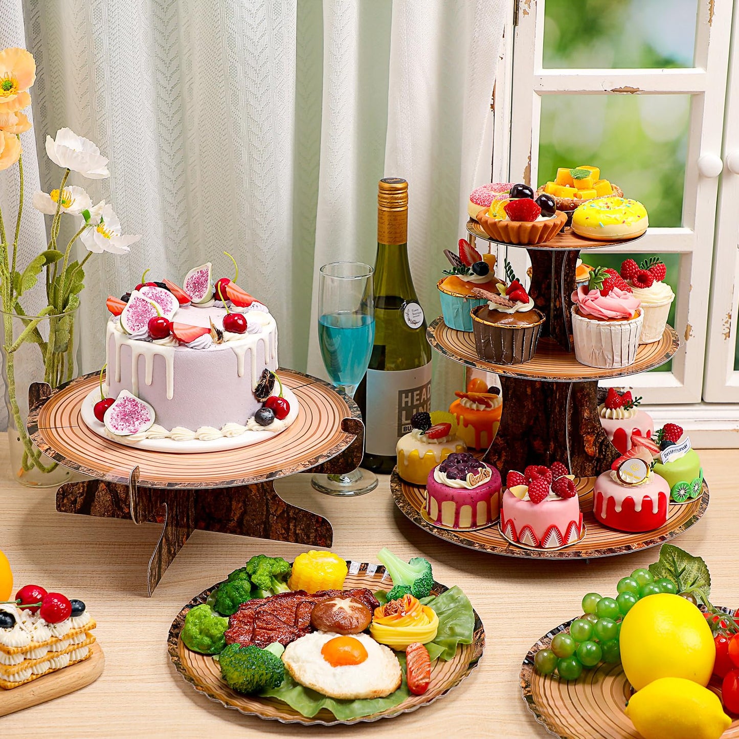 Sawysine 7 Pcs Woodland Cupcake Stand Set Woodland Baby Shower Decorations 3 Tier 2 Wooden Cupcake Stand 1 Rustic Cake 4 Rectangle Serving Tray Birthday Western Camping Hunting Supplies(Circle)
