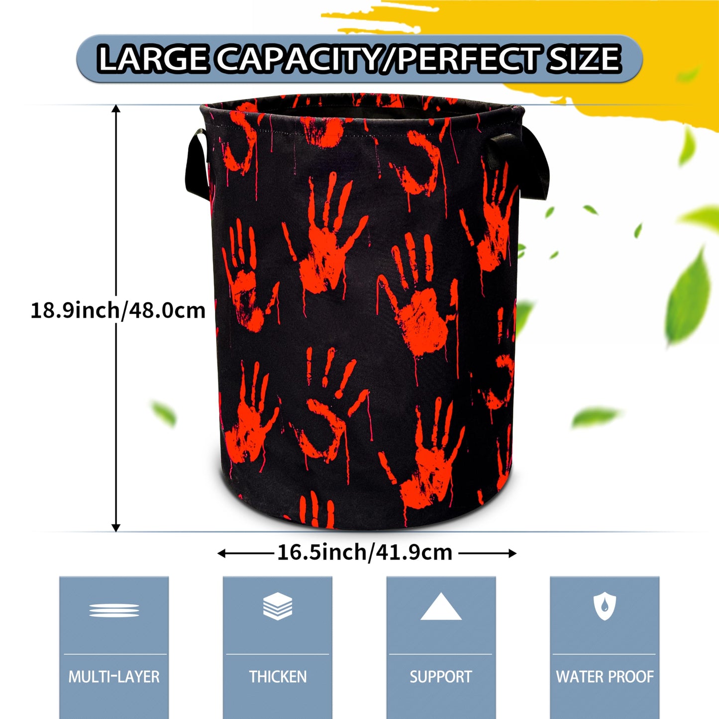 Blood Spatter Hand Print Laundry Basket Blood Drop Pattern Foldable Oxford Cloth Funny Tote Bag Laundry Hamper Clothes Storage Bucket Organizer For Bathroom/Laundry/Bedroom 18.9x16.5in