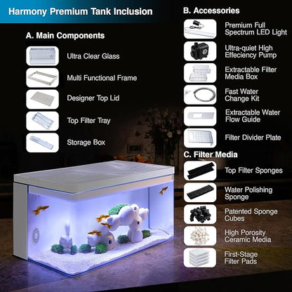 Harmony Deluxe 8 Gallon All-in-One Aquarium Kit, Award-Winning Fish Tank with Lid, Integrated Filtration, LED Light, Low-Iron Glass, White Tank with Cedar Grain Top