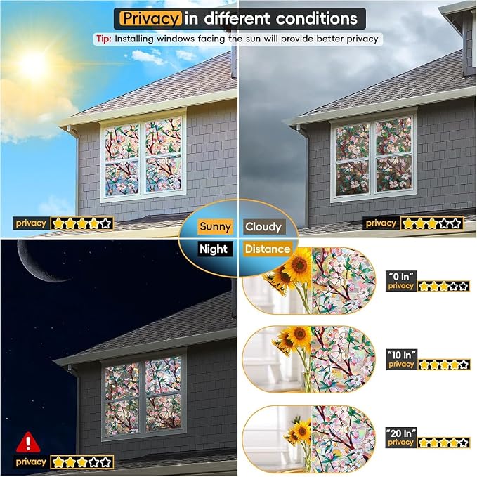 Rainbow Window Privacy Film Decorative, 3D Decals Stained Glass Clings, Static Cling Sticker, Suncatcher Windows Cover Tint for Home, 35.4 Inch x 78.7 Inch