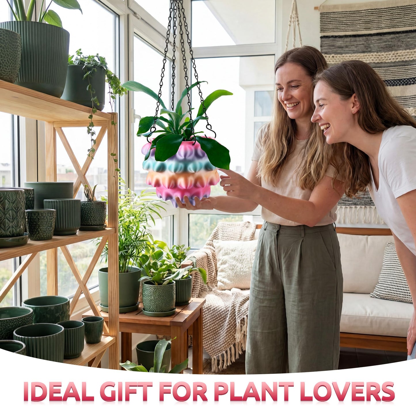 Enhon 6 Inch Hanging Planters for Indoor Plants, Unique Hanging Pots for Plants with Drainage and Hanger Baskets Hangers, Spiked Orb Plant Hanger, Silky Rainbow Finish