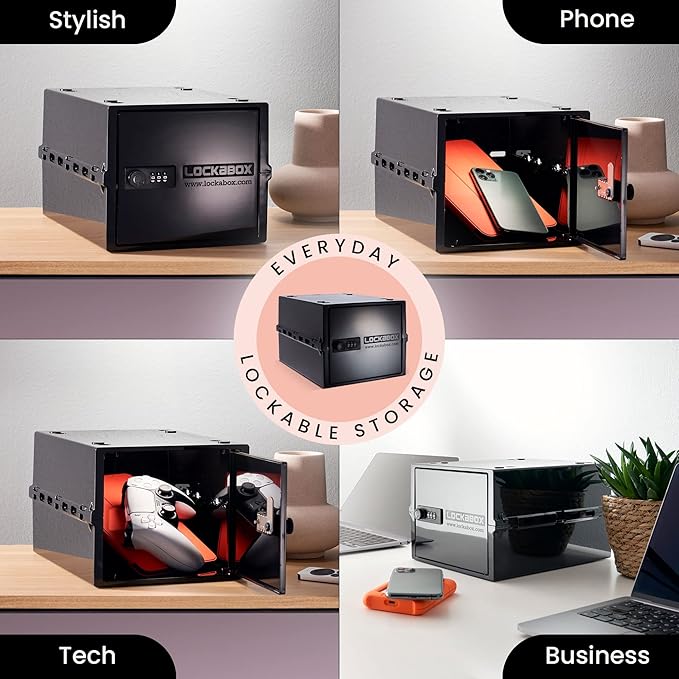 Lockabox One™ | Compact and Hygienic Lockable Storage Box for Food, Medicines, Tech and Home Safety | One Size 12 x 8 x 6.6 inches externally (Jet)