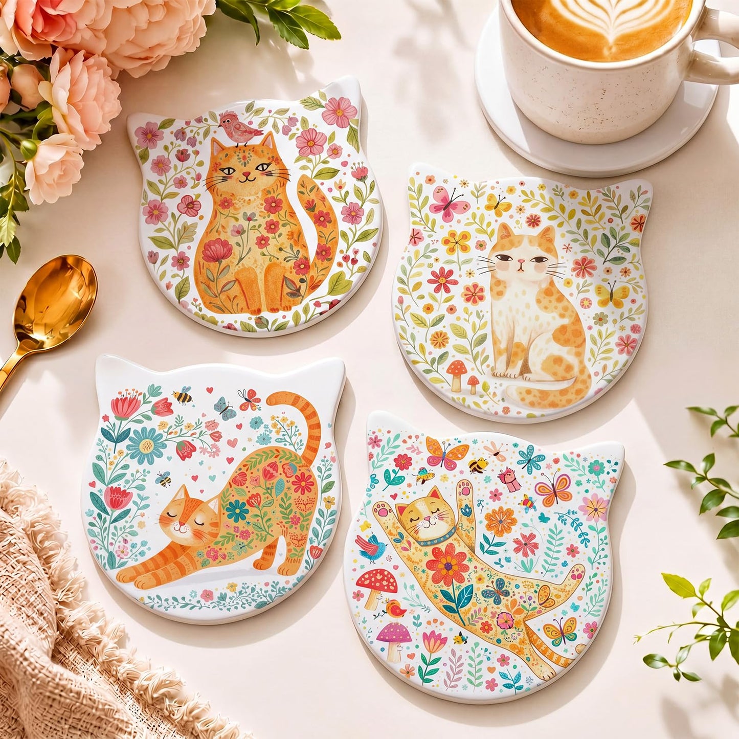 LemonRoad 4 Pack Cat Ear Coasters for Drinks 4.25 Inch Cute Absorbent Ceramic Coasters Non-slip Wooden Base for Housewarming Cat Lovers Gifts Kitchen Home Office decorate for Cold Drinks Wine Mugs Cup