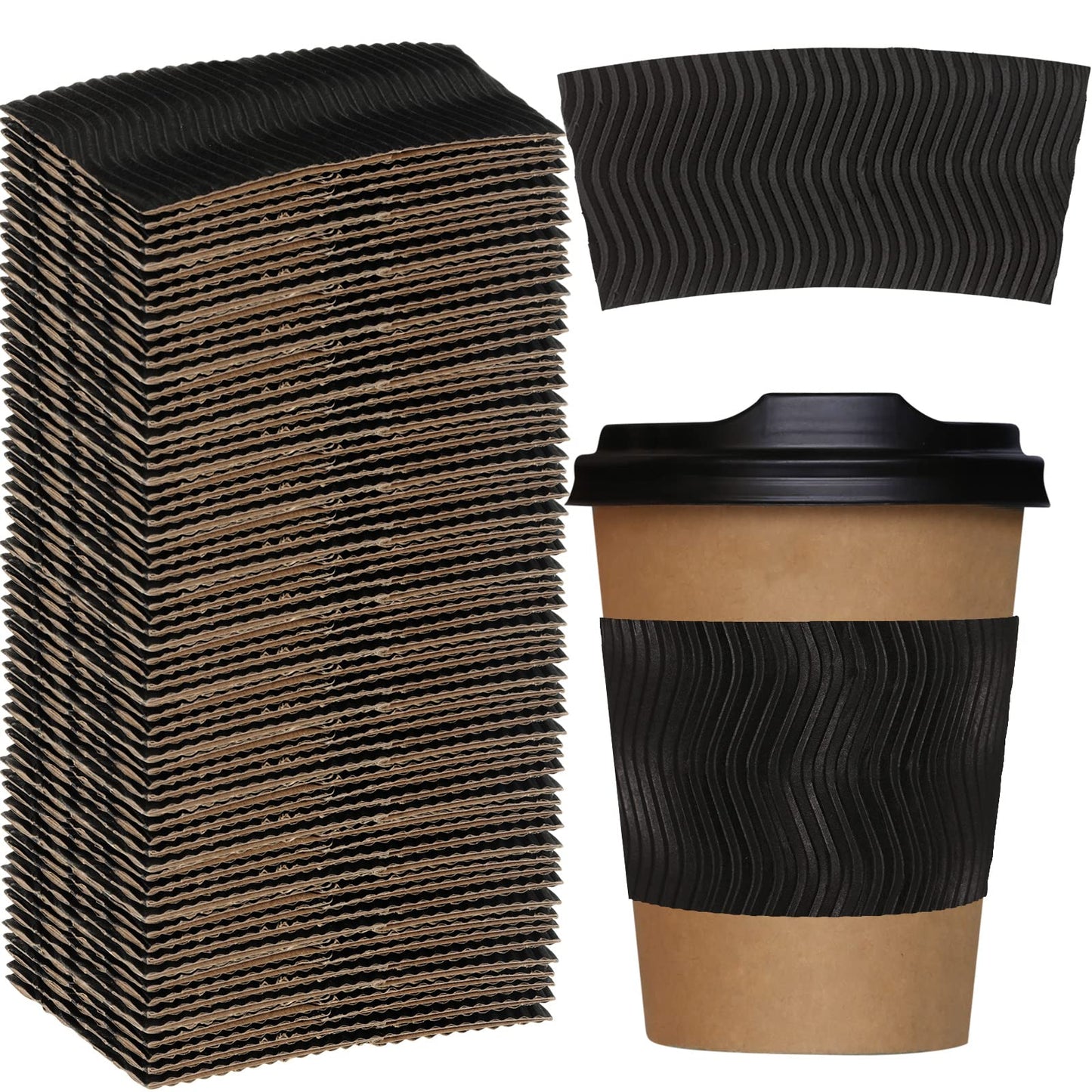 Patelai 100 Pcs Black Disposable Coffee Cup Sleeves for Hot Drinks Wavy Pattern Paper Corrugated Cup Sleeves for Heat Insulation Fits 12, 16, 20, 22, 24 oz Cold Bulk Jacket Holder