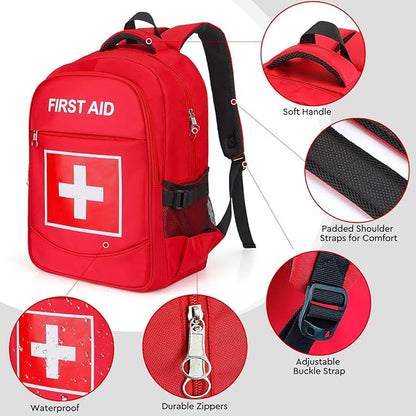E-HORDE First Aid Backpack with Multi-Pocket, Emergency Medical Backpack, Large Capacity & Water-proof, Empty First Aid Bag for Home Office EMT Paramedics, Red
