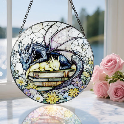 Stained Glass Window Hanging, 8 Inch Dragon Stained Glass Suncatcher, Dragon Decor, Home Decor for Windows, Book Lover Gift, Gifts for Book Lovers, Gifts for Bookworm on Birthday Christmas