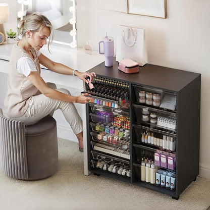 WOPITUES Mobile Storage Cabinet with 15 Clear Drawers, Craft Cabinet with 5 Large Drawers, Cart with Wooden Tabletop, Printer Stand Home Office, Dresser Chest, Modern Black