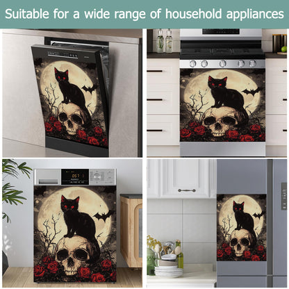 Gothic Black Cat Dishwasher Magnets Decorative Cover,Halloween Skull Flowers Waterproof Magnetic Dishwasher Cover Panel,Refrigerator Magnet Cover for Kitchen Home Decor 23x26 Inch
