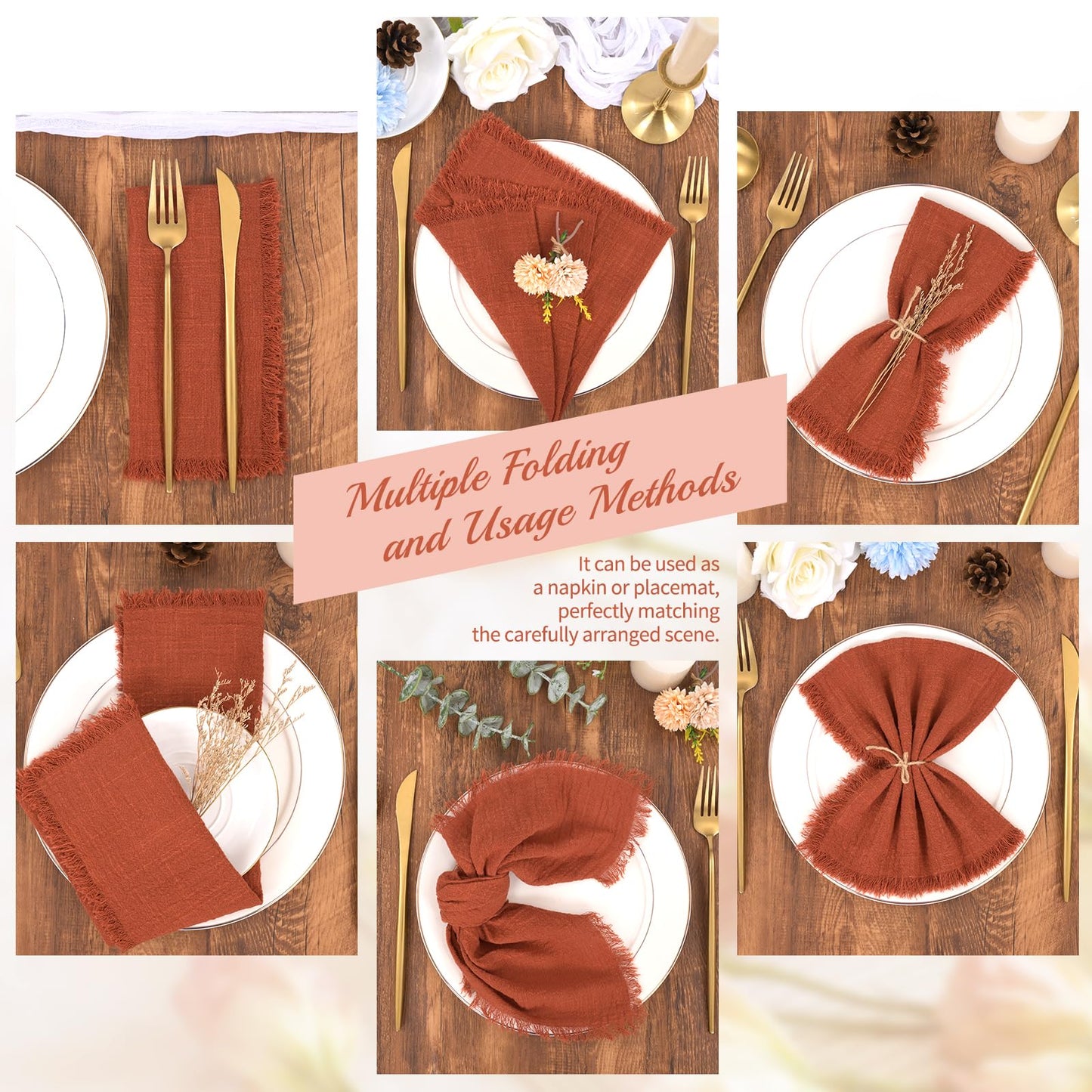 12 Pack Terracotta Cloth Napkins Cotton Linen Napkins with Fringe 16 x 16 Inch Soft Handmade Napkins Cloths Delicate Washable Rustic Dinner Napkin Cloths for Wedding Party Dinner Table Decor
