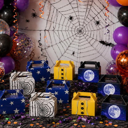 12 Pcs Spooky Themed Party Favor Boxes Cartoon Movie Theme Treat Paper Boxes Spider Star Moon Button Paper Box Halloween Supplies Spider Birthday Themed Favor Box for Celebration Party Supplies