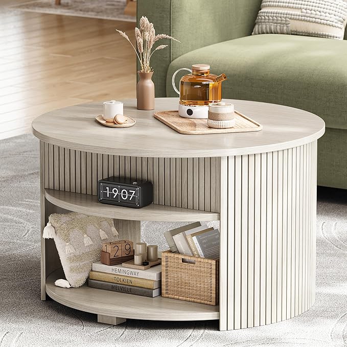 Round Lift Top Coffee Table with Storage, Fluted Mid-Century Modern Coffee Tables for Living Room, with Hidden Compartment & Open Shelves, for Small Spaces & Home Office(31.5" White Oak)