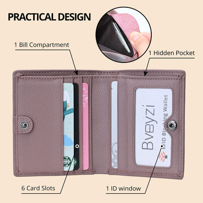 Bveyzi Ultra Slim Small RFID Wallet for Women, Leather Tiny Thin Bifold Pocket Ladies Wallet