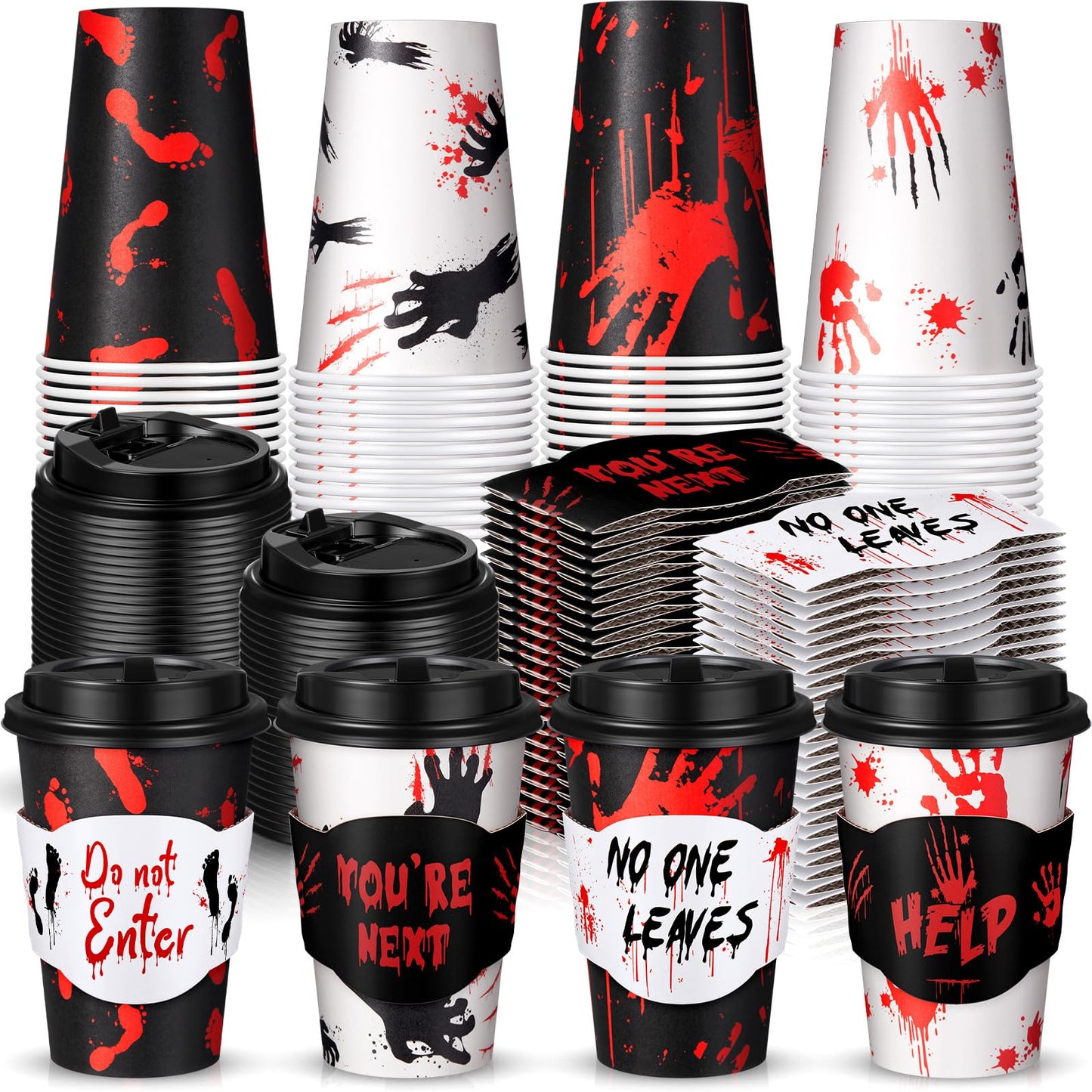 MotiMind 48 Set Halloween Disposable Coffee Cups with Lids & Sleeves 12 oz Halloween Hot Cold Beverage Paper Cups Bulk for Holiday Coffee Drinking Party Supplies Decorations(Black and Red,Blood)