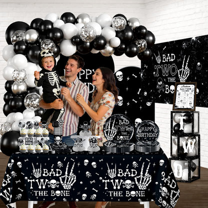 cocomigo Bad Two the Bone Party Decorations Boy for 25 Guests, 292PCS Cute Skeleton-Themed Black White All-in-One 2nd Birthday Decorations, with Balloon Arch Plates Banner Cake Topper & Centerpieces