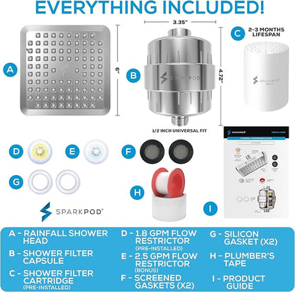 SparkPod 23-Stage Filtered Shower Head, 6" Square, Polished Chrome | Filtered Shower Head for Hard Water Filter, High Pressure, Reduces Chlorine, Heavy Metals, For Dry Skin & Hair