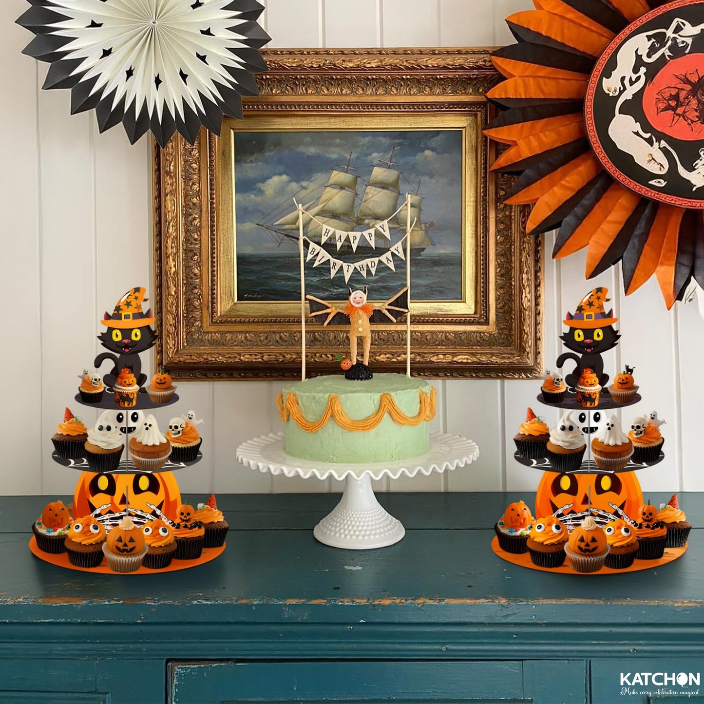 KatchOn, Halloween Cupcake Stand - Pack of 2 | 3-Tier, Cupcake Tower for Halloween Dessert Table, Cupcake Holder, Indoor & Outdoor Decor, Pumpkin Cake Stand, Halloween Cake Decorations