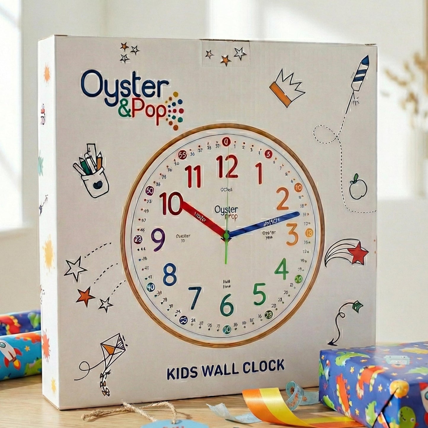 Oyster&Pop Kids Clock - Silent 10" Analog Clock, Learning Wall Clocks - Award-Winning Telling Time Teaching Clock for Kids - Bedrooms Homeschool & Classrooms - Includes eBook