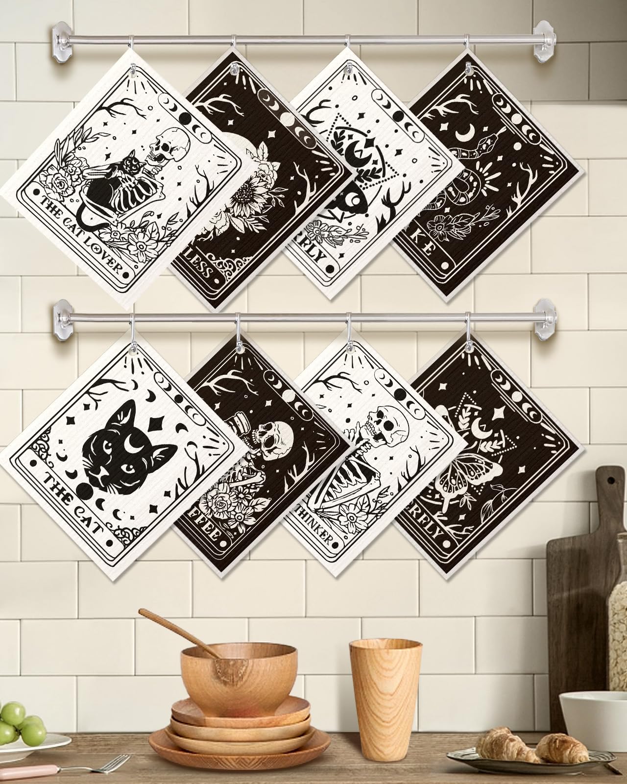 Miss Adola 8 Pack Reusable Kitchen Dishcloths - Absorbent, Fast Drying, Washable Swedish Towels with Cute Black Skull Design