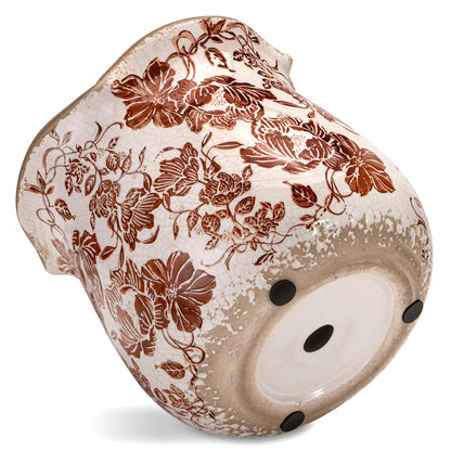 behen bahen Vintage Ceramic Planter Pot with Drainage Holes, Green Floral Design, 6.11 Inch, Distressed Tuscan Style, Indoor Plant Pot and Vase (Red Flower)