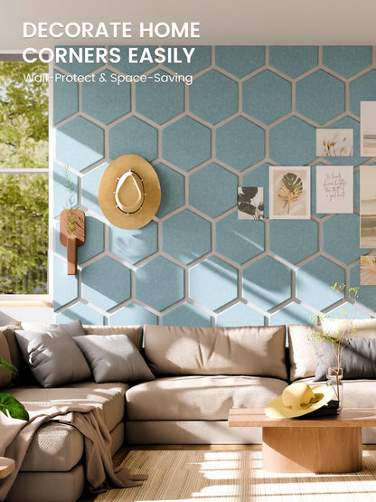 Fluxynara Hexagon Cork Board Alternative for Walls Decor-12-Pack Felt Bulletin Board Tiles,with 30 Pushpins,70 Adhesive Tabs for Office,Classrooms & Home Pin Board Felt Board-Teal Blue