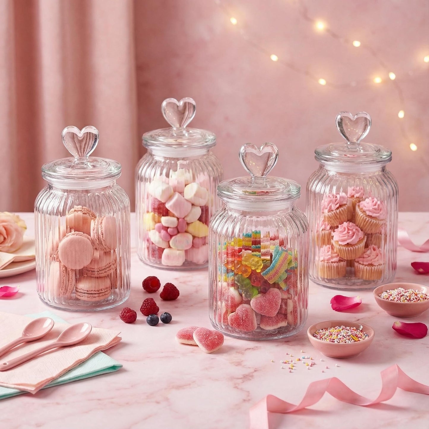 Potchen 4 Sets 32oz Cookie Jars Glass Candy Jar with Heart Lids Decorative Heart Containers Food Storage Canister with Airtight Lid for Valentines Party Table Decoration(Clear Lid)