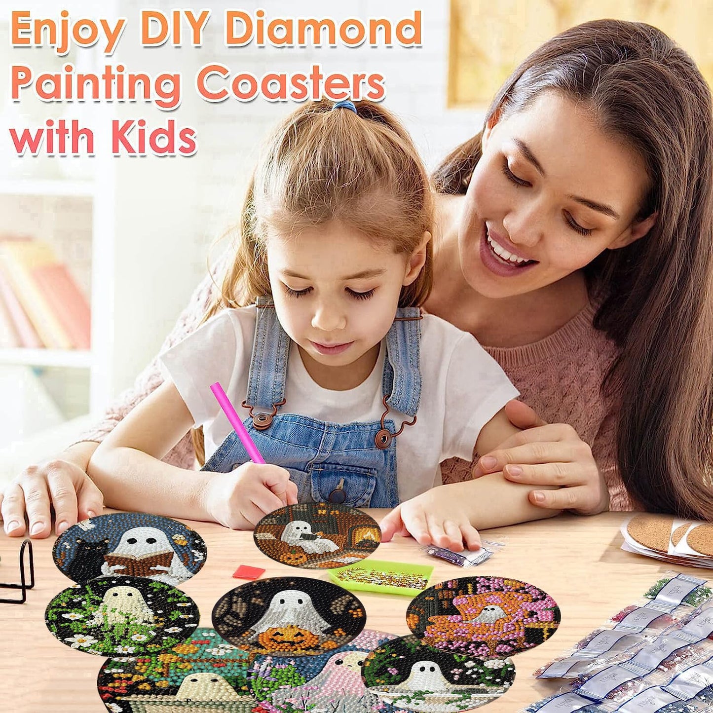 ijbnhd 8 Pack Halloween Diamond Art Coasters Kits, Halloween Diamond Painting Coasters Kit with Holder, DIY Ghost Diamonds Art Non Slip Coaster Crafts Kits for Adults Gifts 4x4 inch (Cork Wooden Pad)