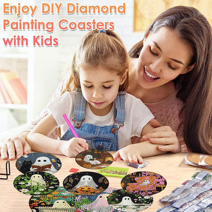 ijbnhd 8 Pack Halloween Diamond Art Coasters Kits, Halloween Diamond Painting Coasters Kit with Holder, DIY Ghost Diamonds Art Non Slip Coaster Crafts Kits for Adults Gifts 4x4 inch (Cork Wooden Pad)