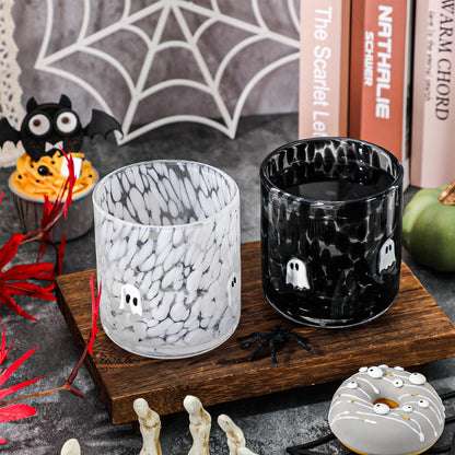 JarThenaAMCS 2Pcs Halloween Icon Juice Glass 14 Oz Black White Ghost Wine Glass Stemless Cocktail Drinking Cups for Home Party Favors Supplies