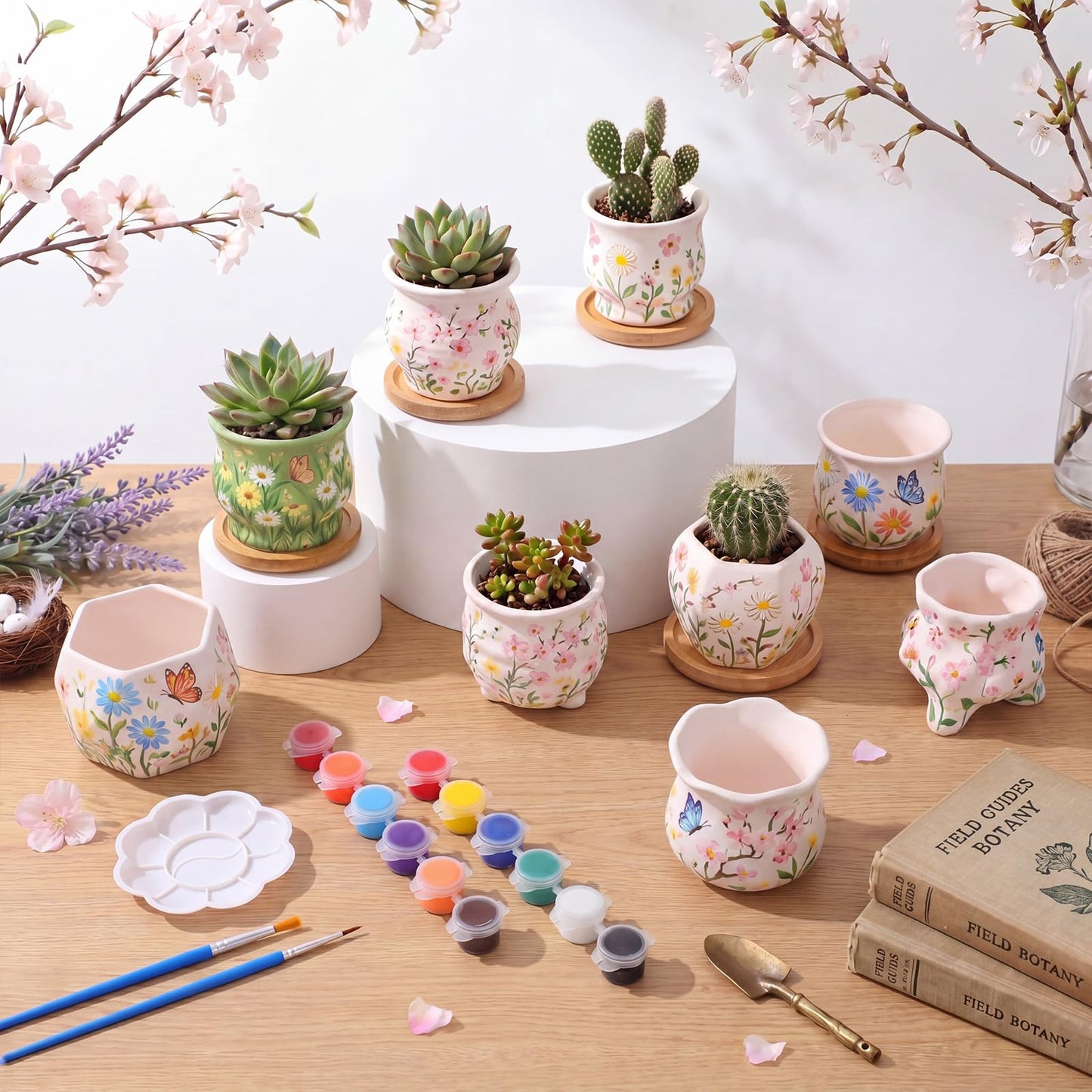 Leitee 22pcs Flower Pots 3 Inch Paint Your Own Ceramic Pot Craft Kit Ready-to-Paint Small Succulent Pots Bulk with Drainage Hole Paint Set Mini Paintable Plant Vase for Spring Birthday DIY Gift