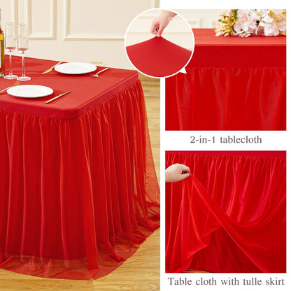 Little Funny Red Tablecloth Rectangle 6 Foot Fitted Stretch Elastic Tulle Ruffle Tablecloths Rectangular Spandex Table Covers 6ft Birthday Baby Shower Wedding Party Table Cloths with Skirt