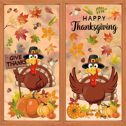 9 Sheets Thanksgiving Window Clings Double Sided Turkey Window Decals Pumpkin Fall Leaves Windows Decal Stickers for Thanksgiving Fall Autumn Glass Home Classroom Office Decor