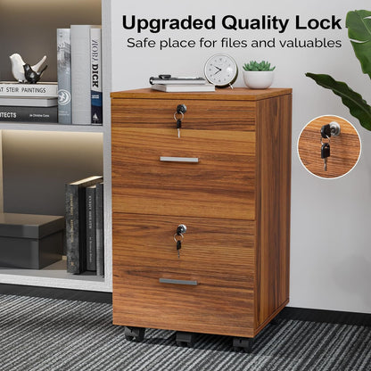 VINGLI 2-Drawer Rolling File Cabinet with Lock, Wood Mobile File Organization for Hanging Letter Size Filings Under Desk Filing Cabinets for Home Office, Assembly Required, Classic Walnut, 26.5" H