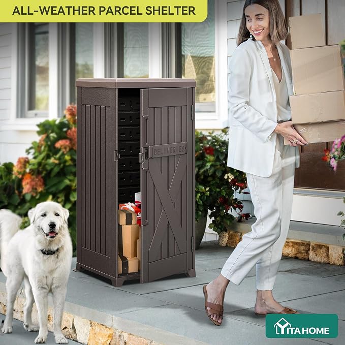 YITAHOME 60-Gallon Secure Package Delivery and Storage Box, Double-Wall Resin, Weatherproof, for Outdoor Use, Curbside or Porch, 8.5 Cubic Feet, Brown