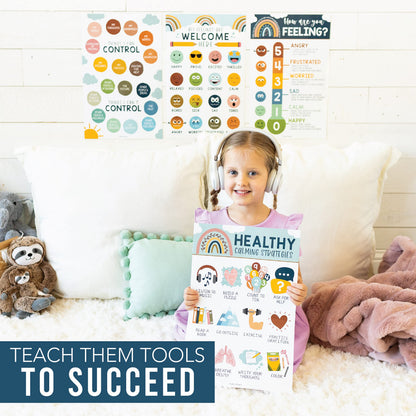 Hadley Designs Feelings Chart for Classroom Must Haves - Emotions Chart for Toddler Calm Down Corner Supplies, Feelings Wheel, Mental Health & Social Emotional Learning Posters, Boho Classroom Decor