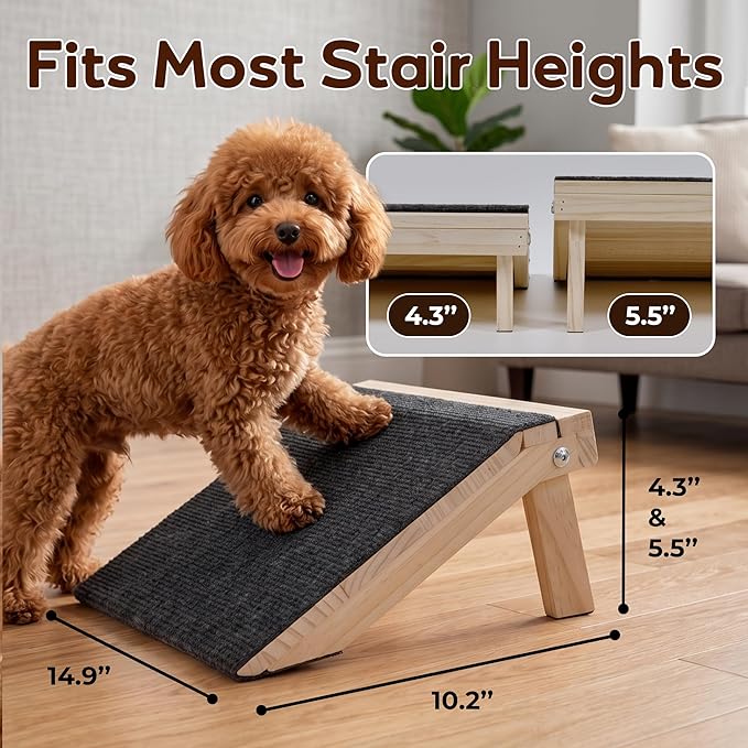 Dog Ramp for Stairs 4 Pack - Adjustable Wooden Stair Wedges for Small Dogs, Foldable Indoor Dog Stair Ramp and Non-Slip Pads for Senior and Short-Legged Pets