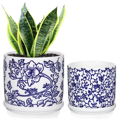 Set of 2 Blue and White Ceramic Plant Pots with Drainage Hole and Saucers, Retro Blue Porcelain Vase Round Planters for Succulent Cactus Indoor Outdoor Garden Home Desktop Decor, 4.5+5.5 Inch