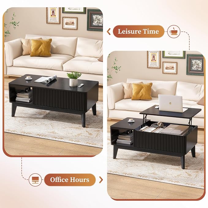 LYNCOHOME Fluted Coffee Table with Hidden Compartment, Wood Lift Top Coffee Tables, Modern Center Table for Living Room, Home Office, Black