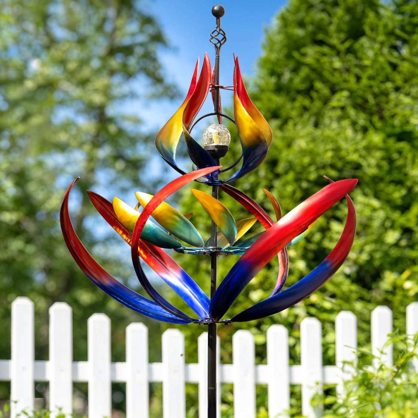 106" Solar Wind Spinners Outdoor Large Metal - Kinetic Wind Sculptures with Crackle Glass LED Globe, Heavy Duty Garden Decor for Outside Lawn Patio, Stable Stake Windmill Yard Art Gifts