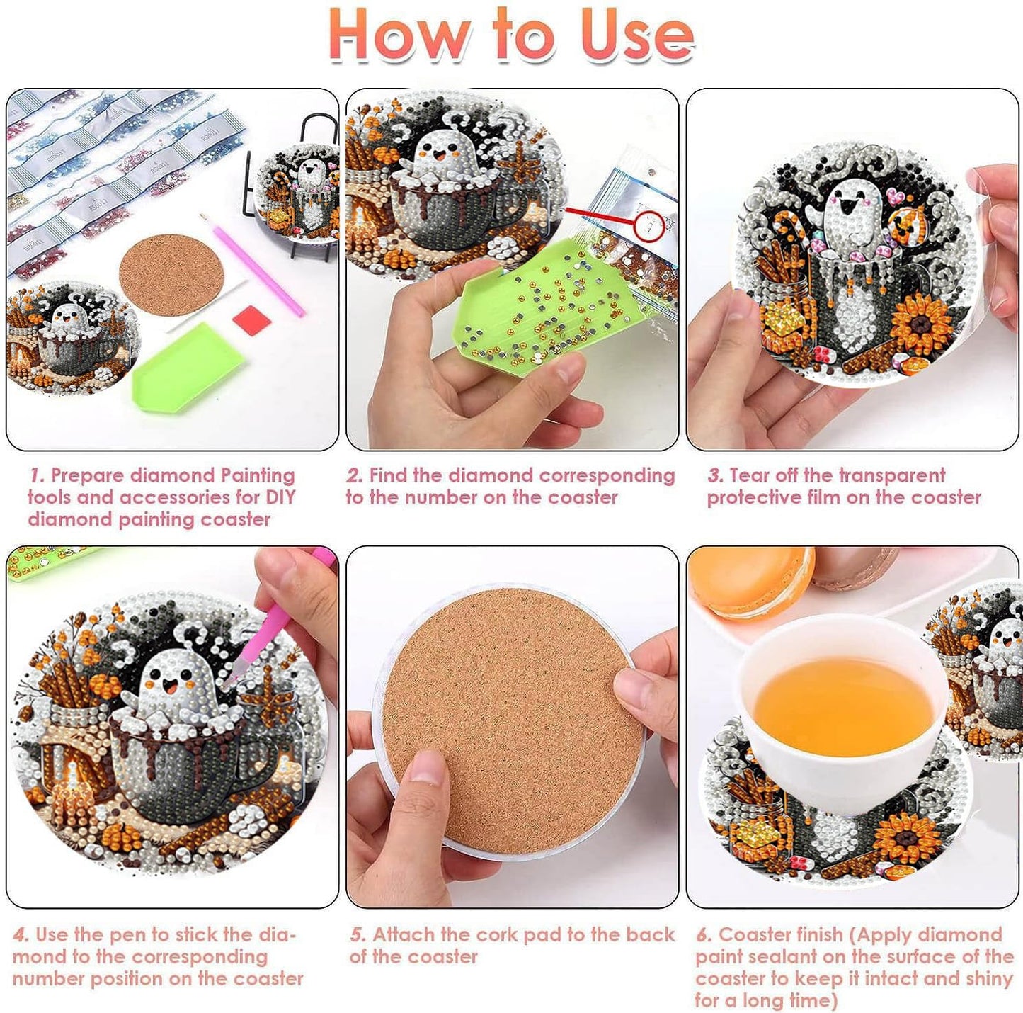 8 PCS Halloween Diamond Art Coasters Kits, Ghost Diamond Painting Coaster Kits Diamond Coasters with Holder Cork Pads Gem Art Dots Paintings Crafts Supplies for Adults Beginners