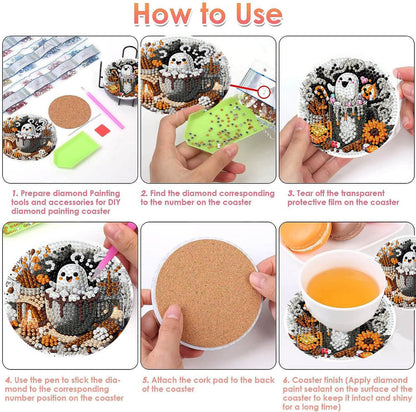 8 PCS Halloween Diamond Art Coasters Kits, Ghost Diamond Painting Coaster Kits Diamond Coasters with Holder Cork Pads Gem Art Dots Paintings Crafts Supplies for Adults Beginners