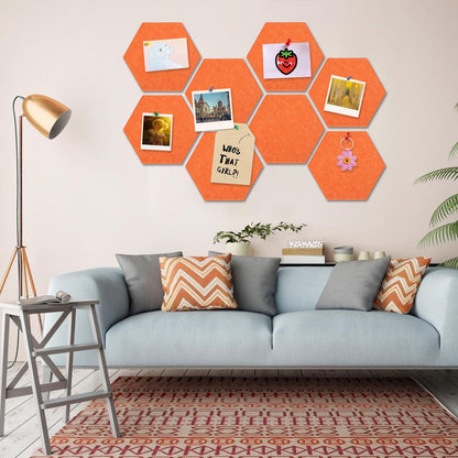 8 Packs Orange Hexagon Felt Pin Board, 12" Bulletin Board with 30 Push Pins, Felt Board for Home Kitchen Office Decor, Self-Adhesive Corkboard Tiles for Walls Classroom Message Photos Memos Display