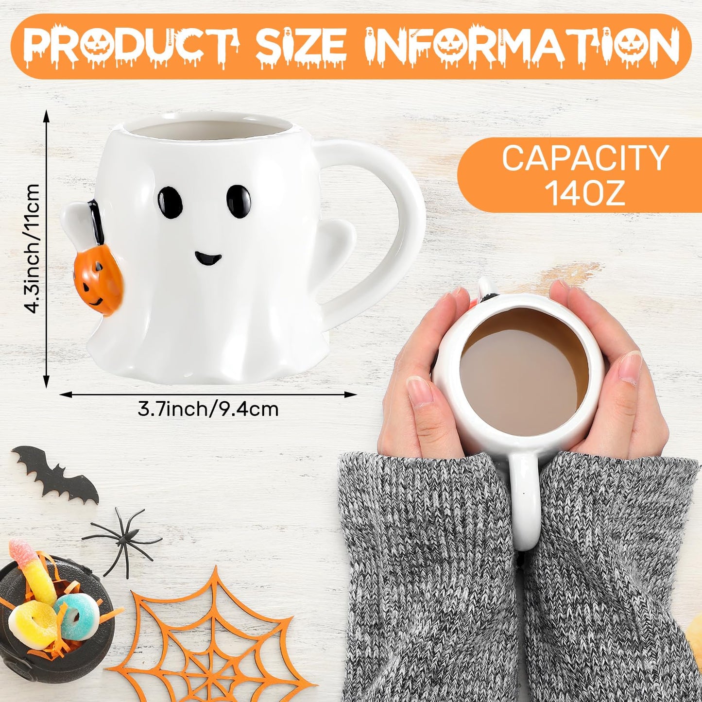 Yiyiring 2 Pcs 12 oz Halloween Ghost Mug Coffee Ceramic Boo Mug with Pumpkin Cute Ghost Face Cup with Handle for Halloween Party Decoration