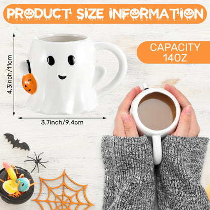 Yiyiring 2 Pcs 12 oz Halloween Ghost Mug Coffee Ceramic Boo Mug with Pumpkin Cute Ghost Face Cup with Handle for Halloween Party Decoration