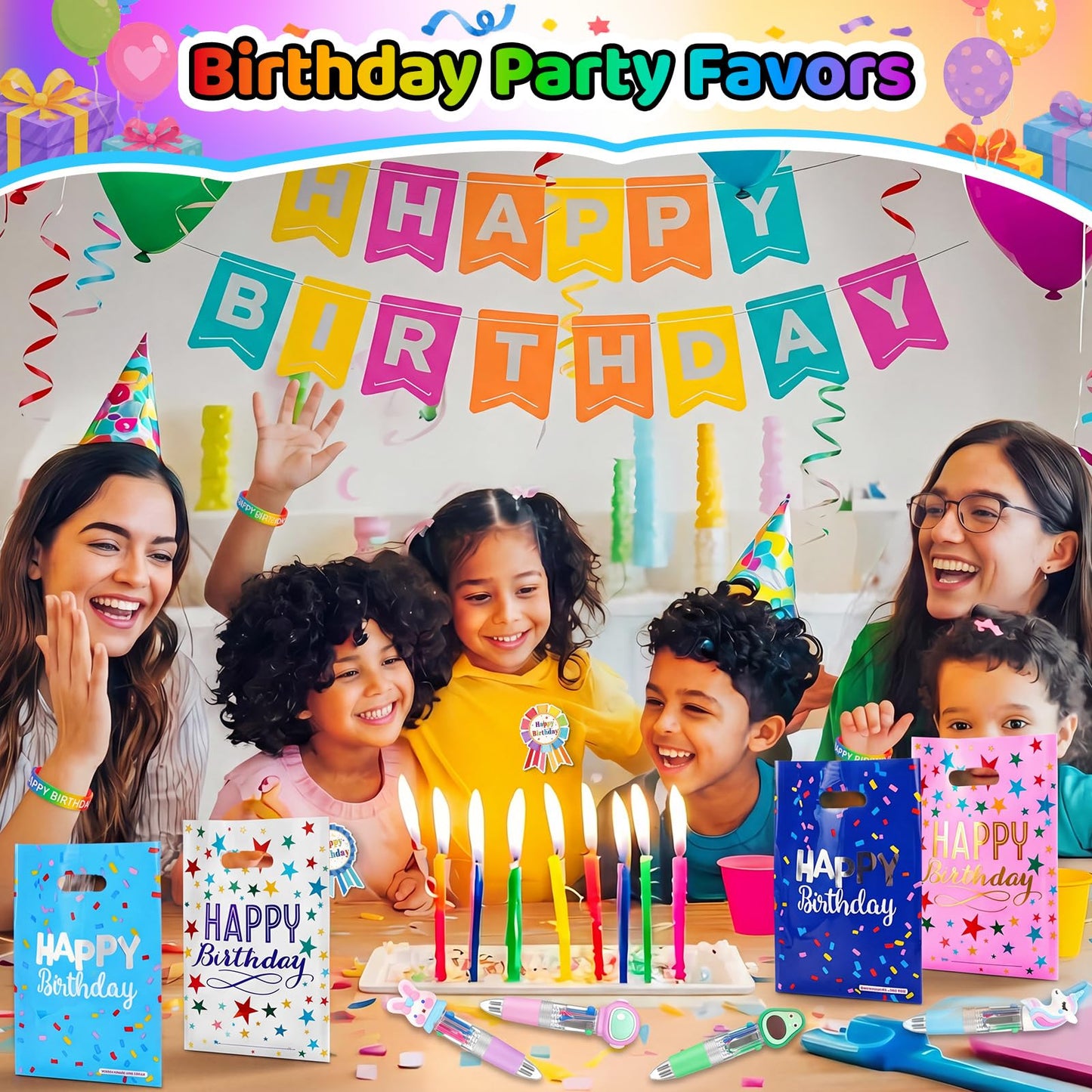 Marspark 48 Pcs Birthday Gifts Party Favors Set Goodie Bag with Multicolor Pen Badge Sticker Silicone Wristband Birthday Gifts Reward from Teacher for Happy Fete Day Party Supplies