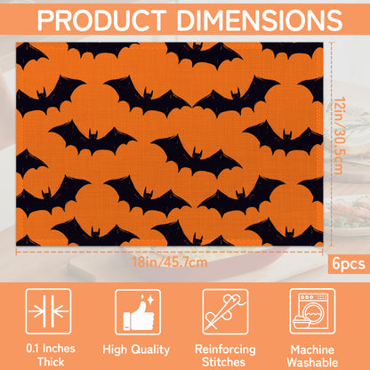 Halloween Bats Placemat Set of 6,Heat Resistant Linen Table Mats for Indoor Outdoor Home Kitchen Dining Room Table 12x18Inch