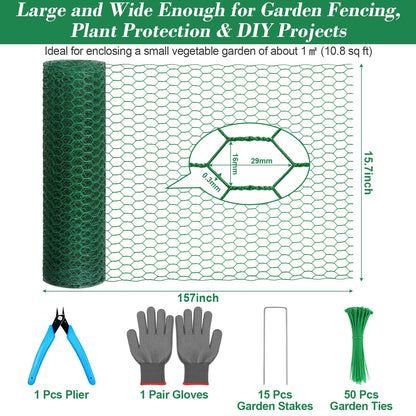 Lucomb Plant Protectors from Animals 15.7 x 157 in Green Chicken Wire Plant Cages for Outdoor Plants, Hexagonal Wire Plant Protector with Ground Stakes, Pliers, Garden Protection from Animals